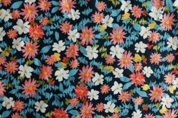 Deadstock 100% Cotton Poplin Digital Floral Print - Coral/Petrol