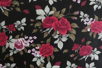 Deadstock 100% Cotton Poplin Digital Classic Rose Print - Black