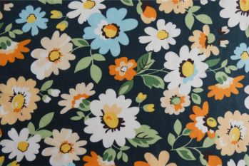 Deadstock 100% Cotton Poplin Digital Bright Floral Print - Dark Teal