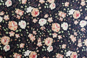 Deadstock 100% Cotton Poplin Digital Floral Print - Navy/Peach