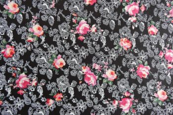 Deadstock 100% Cotton Poplin Digital Rose/Lace Print - Black