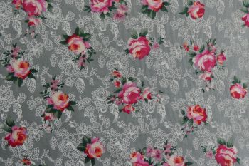 Deadstock 100% Cotton Poplin Digital Rose/Lace Print - Grey