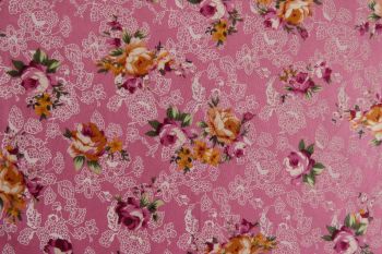 Deadstock 100% Cotton Poplin Digital Rose/Lace Print - Pink