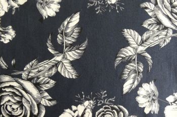 Deadstock 100% Cotton Poplin Digital Sketched Rose Print - Navy