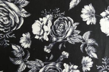 Deadstock 100% Cotton Poplin Digital Sketched Rose Print - Black